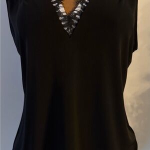 Calvin Klein Sleeveless V Neck Black Shell Top w/ White Lace Trim XL NWT